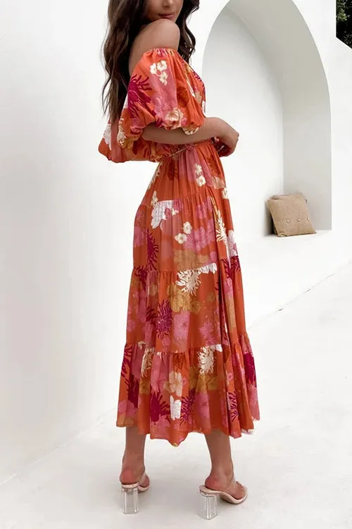 Floral Off Shoulder Shirring Maxi Dress