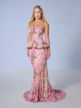 Floral Print 2-Piece Strapless Gown by Tiffany Designs 16140