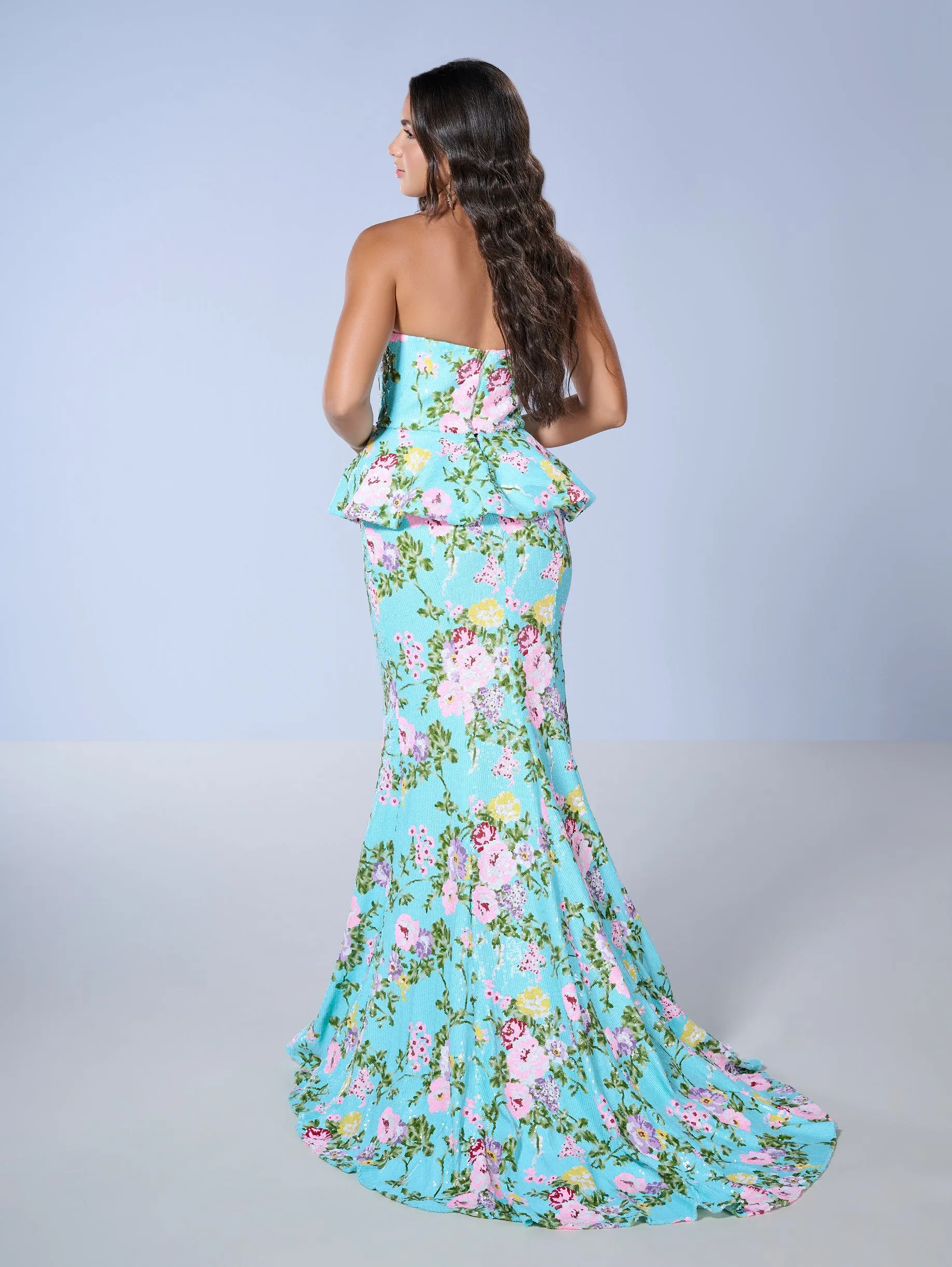 Floral Print 2-Piece Strapless Gown by Tiffany Designs 16140