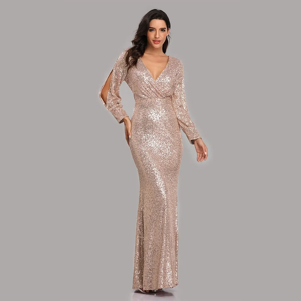 Formal Prom Party Gown Modern Full Sequins long Sleeve dress