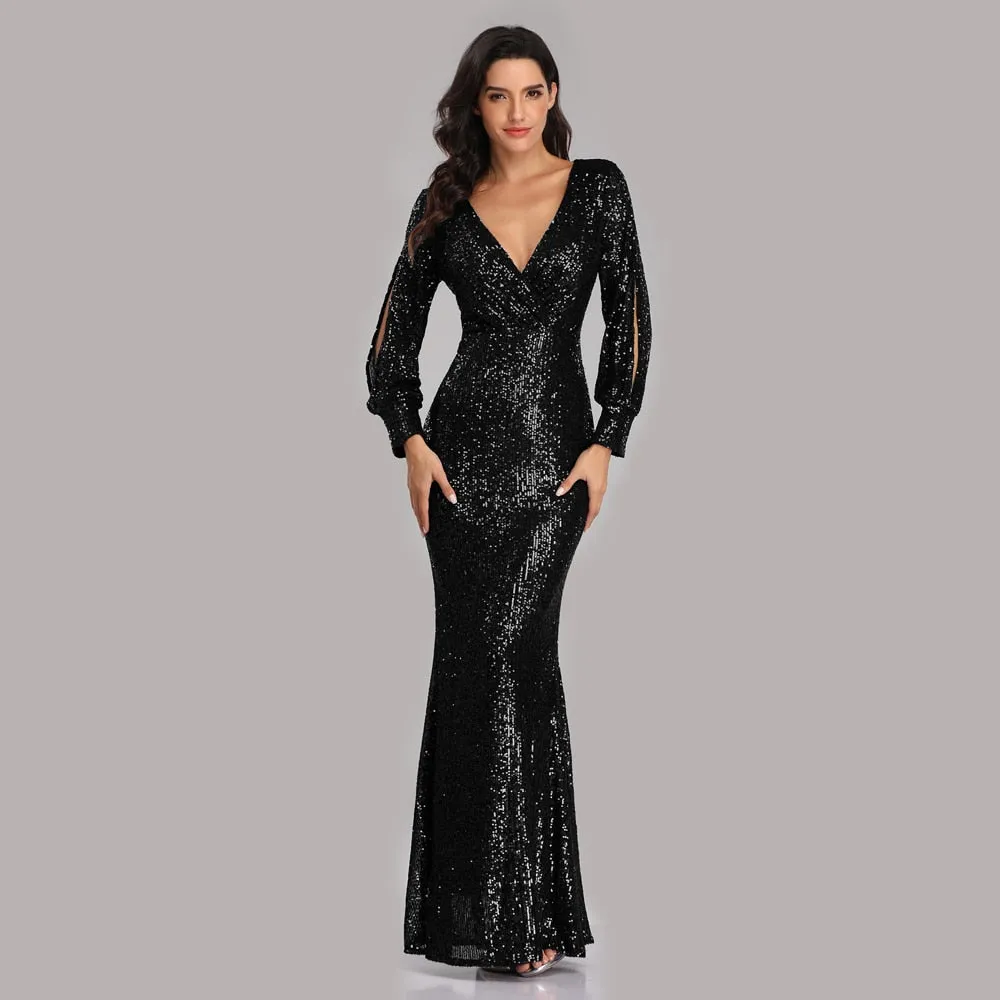 Formal Prom Party Gown Modern Full Sequins long Sleeve dress