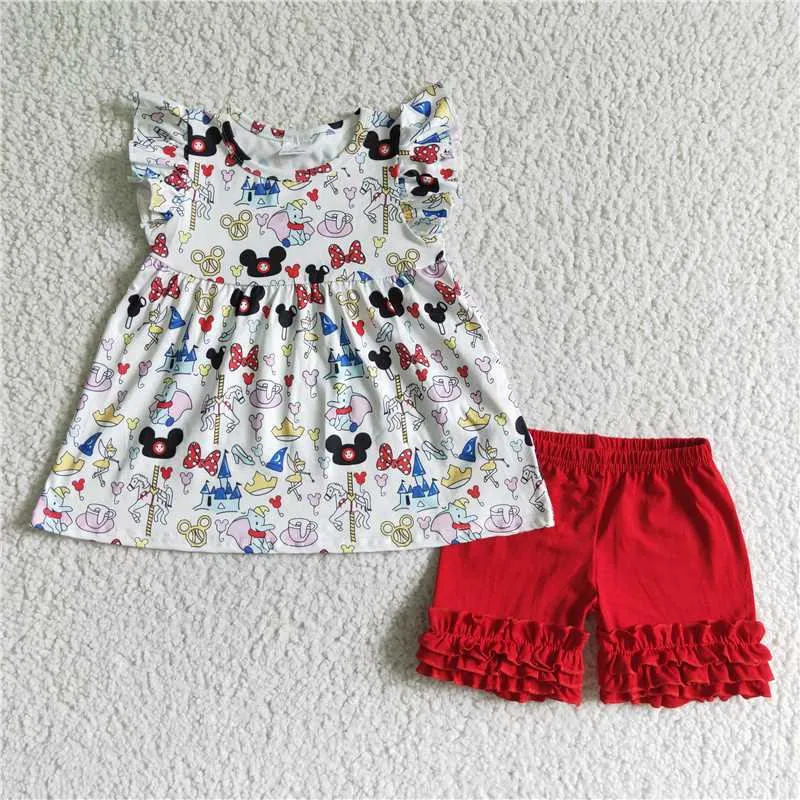 girls cartoon tops red shorts sets A15-22