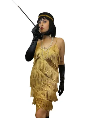 Gold Diagonal Fringe Sequined Flapper Dress