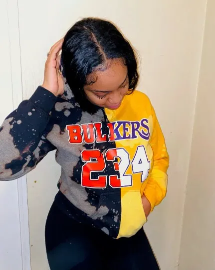 Handmade BUL-KERS Bulls 23 Lakers 24 Jordan-Kobe Half and Half Hand Bleached Black Gold Hooded Sweatshirt with Pockets