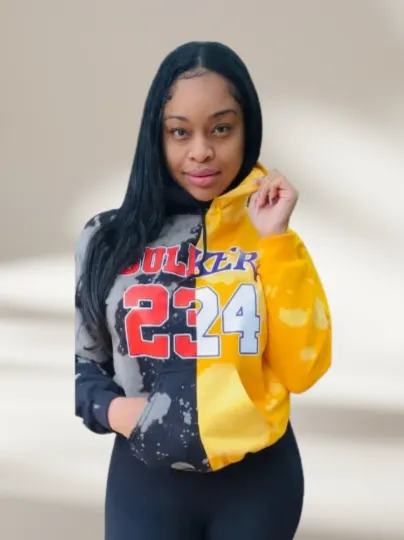 Handmade BUL-KERS Bulls 23 Lakers 24 Jordan-Kobe Half and Half Hand Bleached Black Gold Hooded Sweatshirt with Pockets