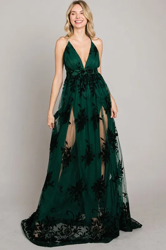 Hunter Green Velvet Print Maxi Dress