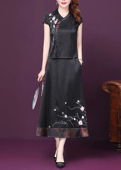 Italian Black Embroideried Patchwork Tops And Skirts Silk Two-Piece Summer LY4664