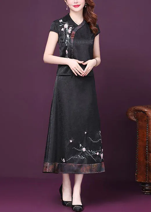 Italian Black Embroideried Patchwork Tops And Skirts Silk Two-Piece Summer LY4664