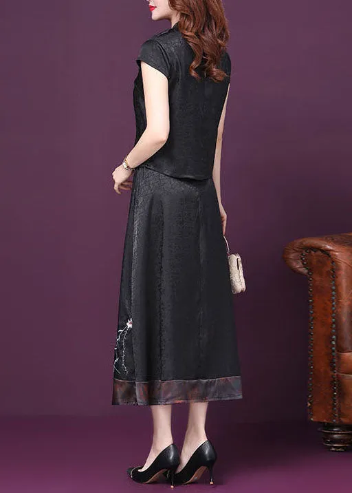 Italian Black Embroideried Patchwork Tops And Skirts Silk Two-Piece Summer LY4664