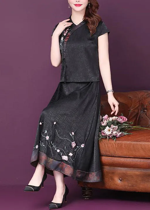 Italian Black Embroideried Patchwork Tops And Skirts Silk Two-Piece Summer LY4664