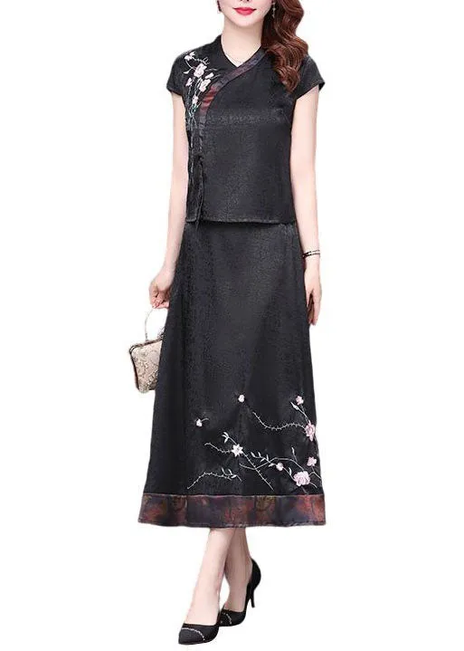 Italian Black Embroideried Patchwork Tops And Skirts Silk Two-Piece Summer LY4664