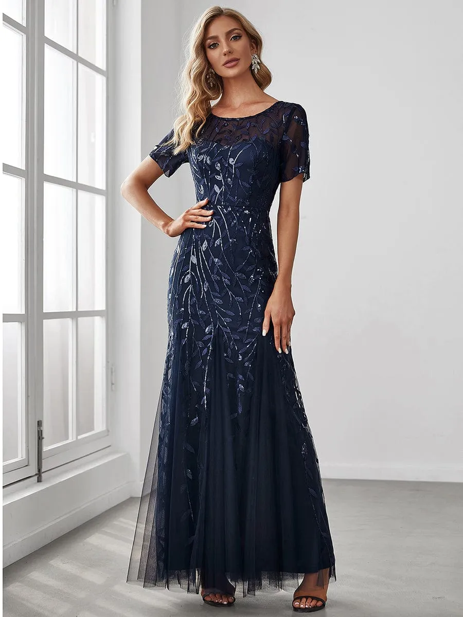 Ivy | Floral Sequin Maxi Fishtail Tulle Formal Evening Dress with Short Sleeve