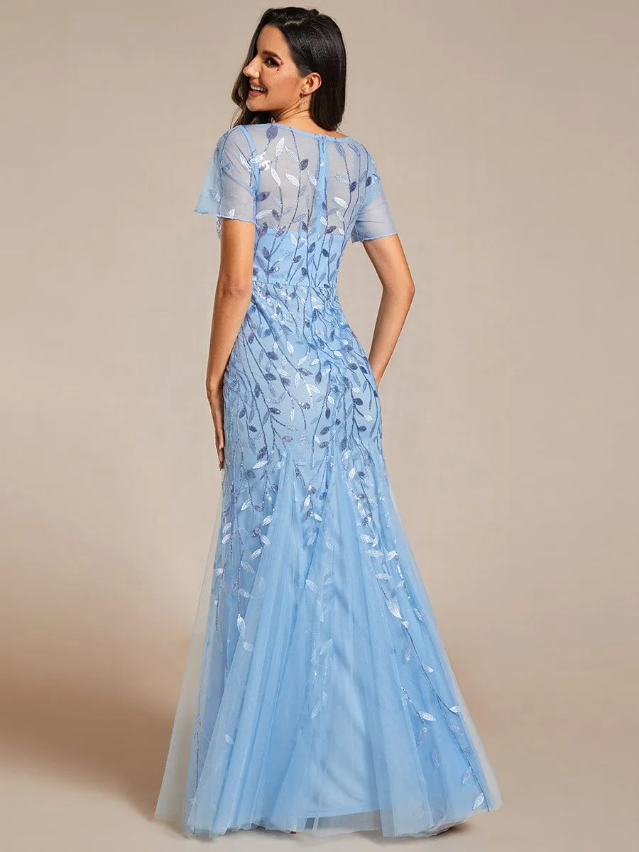 Ivy | Floral Sequin Maxi Fishtail Tulle Formal Evening Dress with Short Sleeve