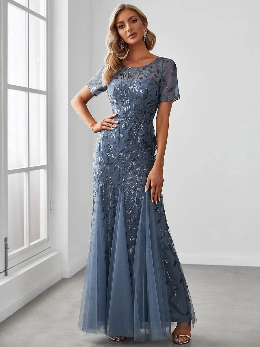 Ivy | Floral Sequin Maxi Fishtail Tulle Formal Evening Dress with Short Sleeve