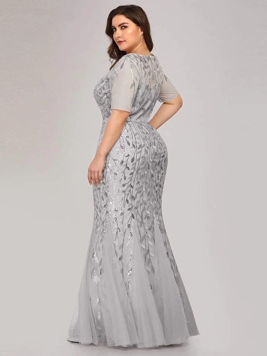 Ivy | Floral Sequin Maxi Fishtail Tulle Formal Evening Dress with Short Sleeve