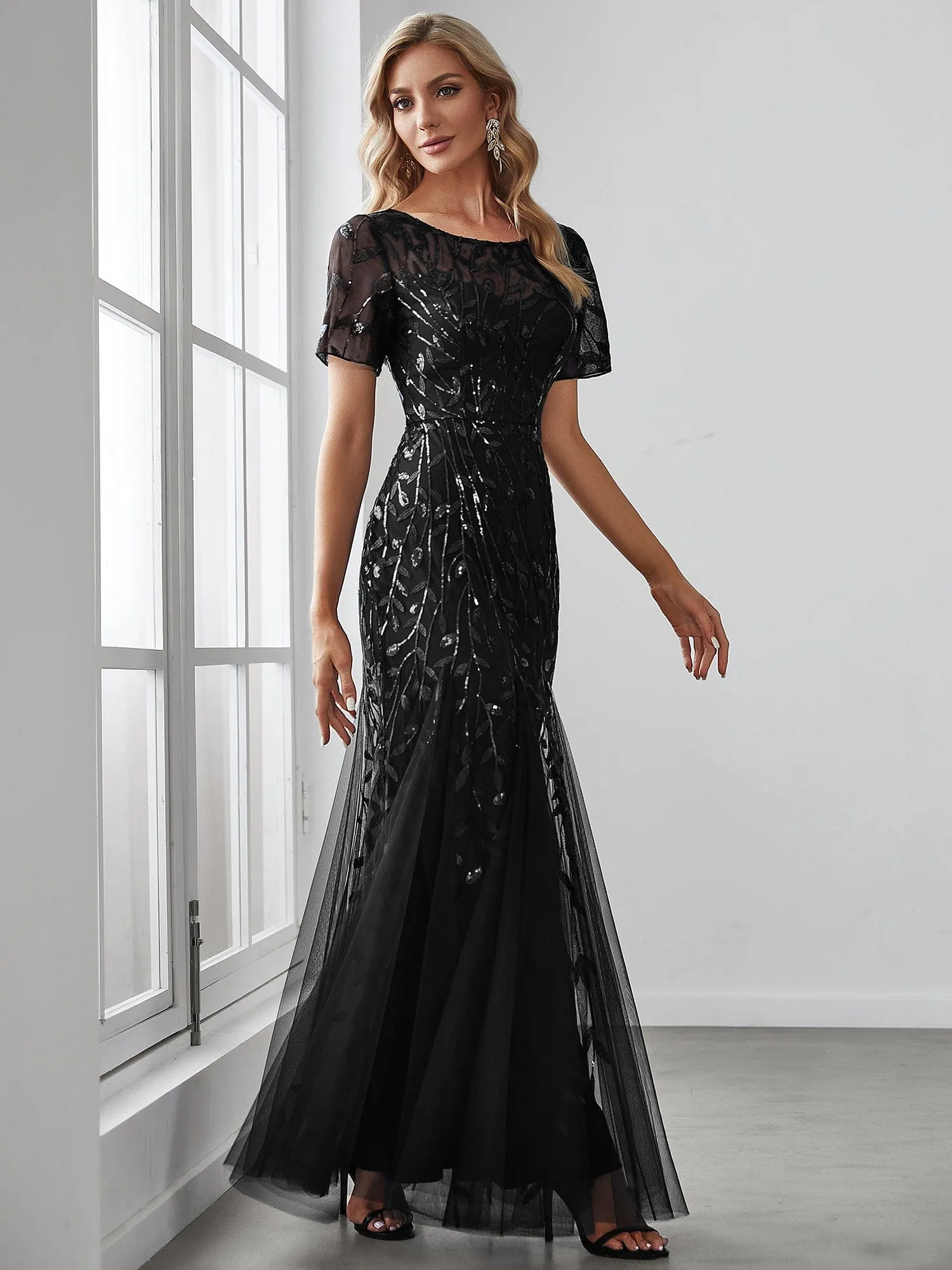 Ivy | Floral Sequin Maxi Fishtail Tulle Formal Evening Dress with Short Sleeve