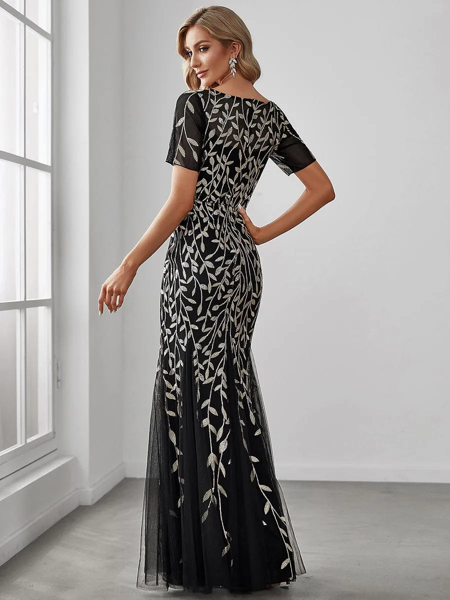 Ivy | Floral Sequin Maxi Fishtail Tulle Formal Evening Dress with Short Sleeve