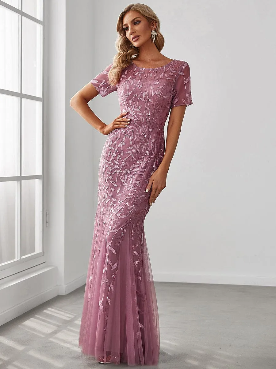 Ivy | Floral Sequin Maxi Fishtail Tulle Formal Evening Dress with Short Sleeve