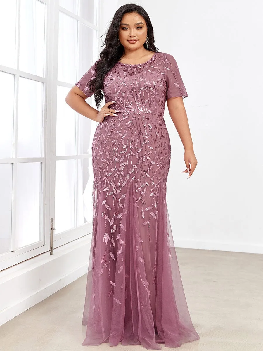 Ivy | Floral Sequin Maxi Fishtail Tulle Formal Evening Dress with Short Sleeve