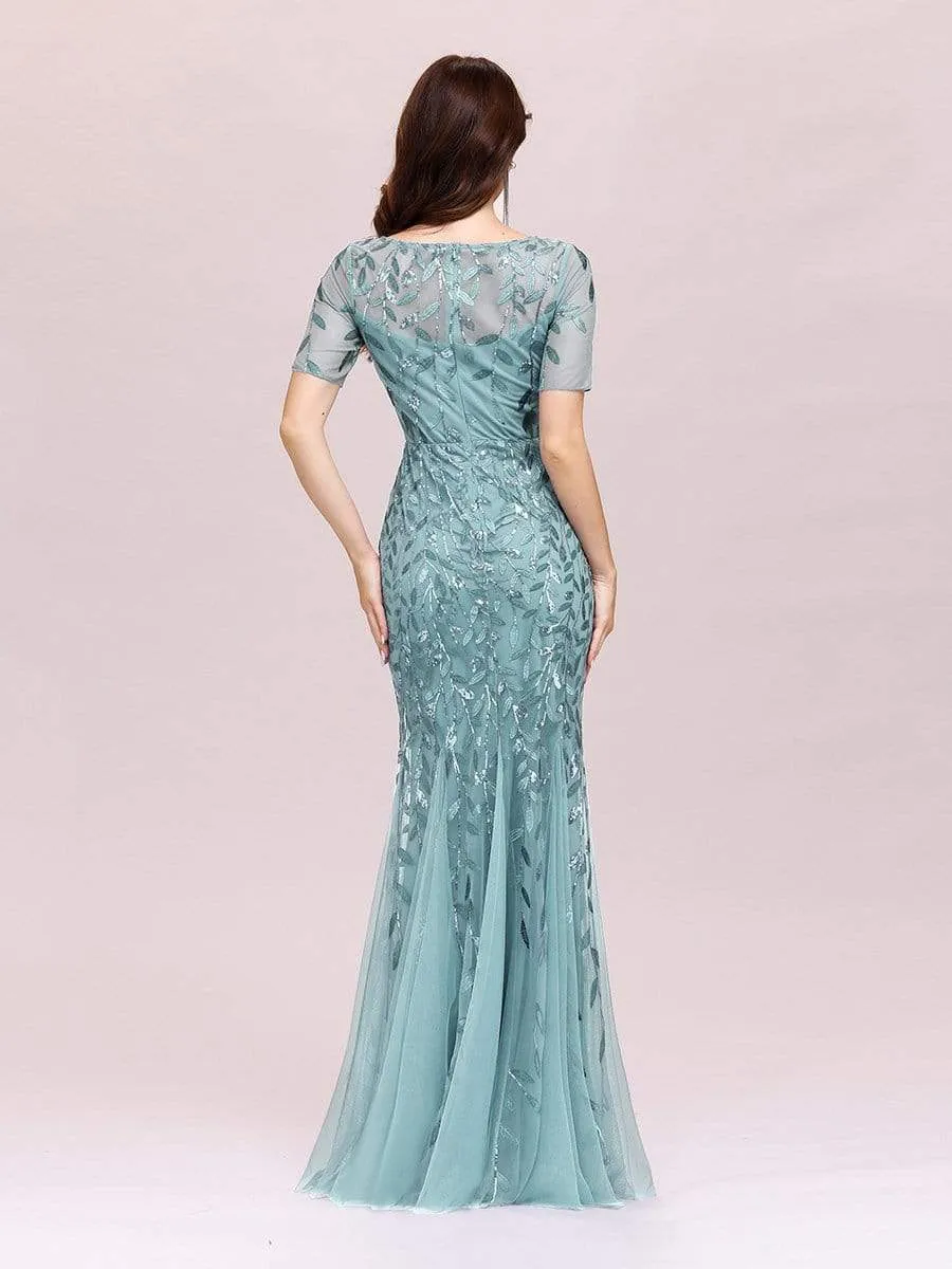 Ivy | Floral Sequin Maxi Fishtail Tulle Formal Evening Dress with Short Sleeve