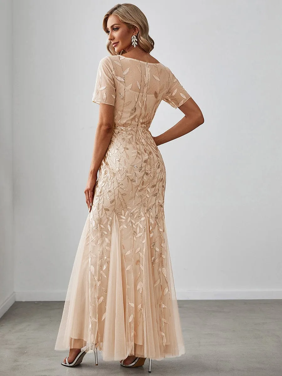 Ivy | Floral Sequin Maxi Fishtail Tulle Formal Evening Dress with Short Sleeve