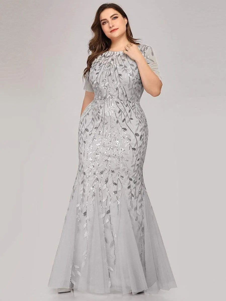 Ivy | Floral Sequin Maxi Fishtail Tulle Formal Evening Dress with Short Sleeve