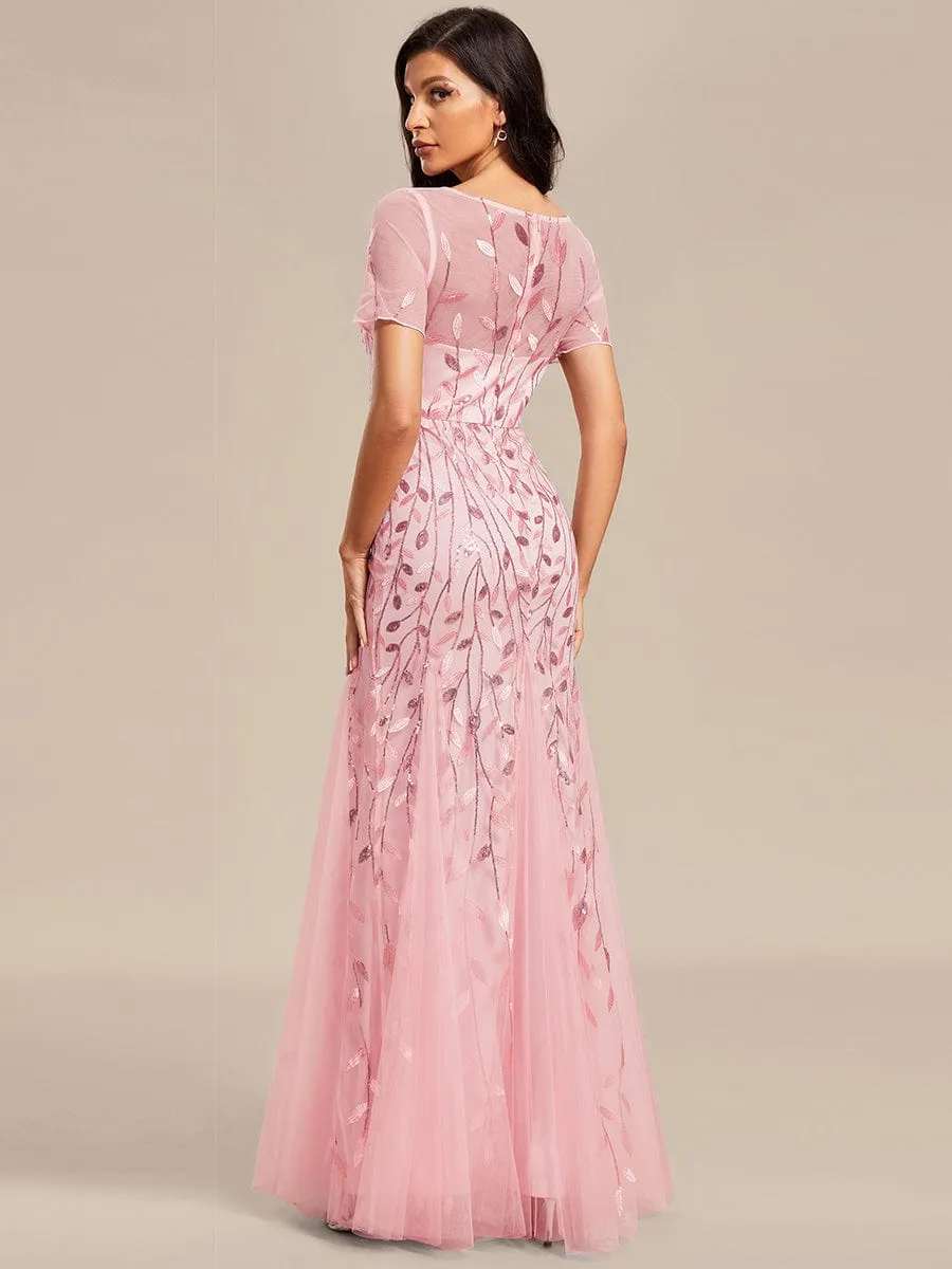 Ivy | Floral Sequin Maxi Fishtail Tulle Formal Evening Dress with Short Sleeve