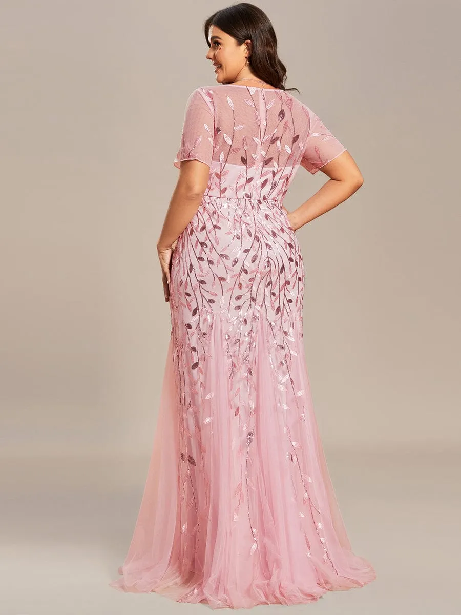 Ivy | Floral Sequin Maxi Fishtail Tulle Formal Evening Dress with Short Sleeve