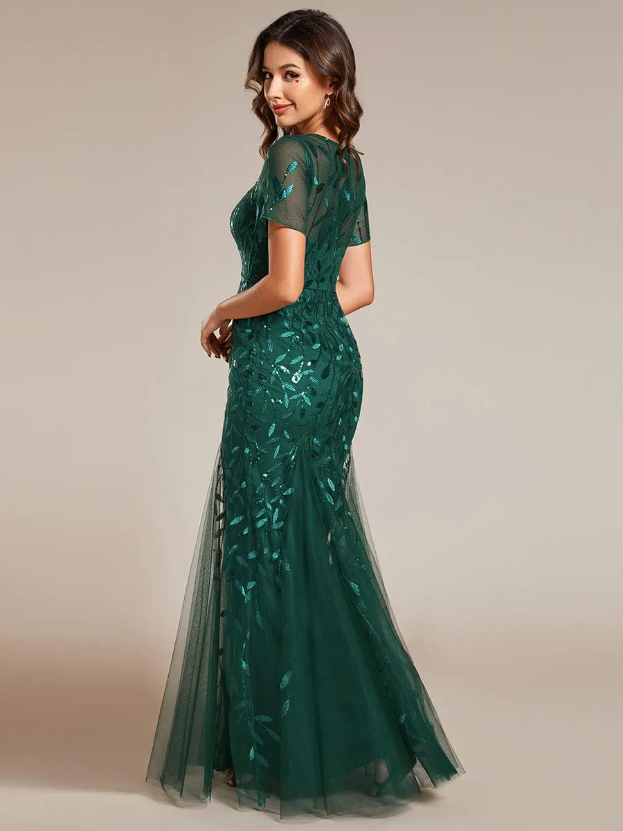 Ivy | Floral Sequin Maxi Fishtail Tulle Formal Evening Dress with Short Sleeve