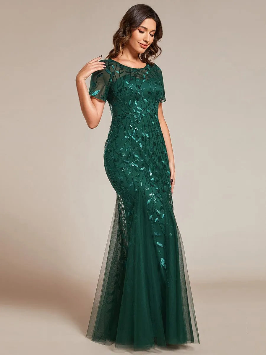 Ivy | Floral Sequin Maxi Fishtail Tulle Formal Evening Dress with Short Sleeve