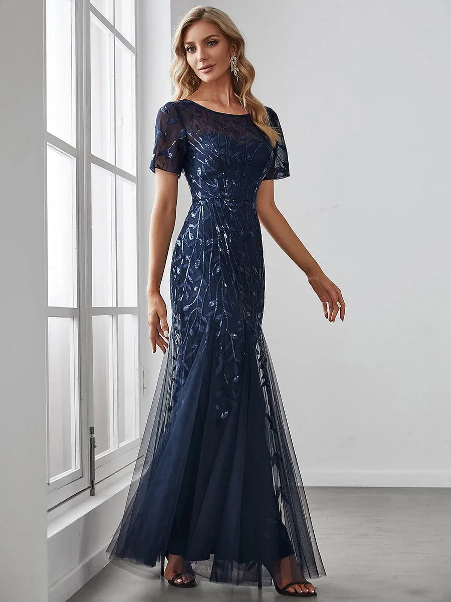 Ivy | Floral Sequin Maxi Fishtail Tulle Formal Evening Dress with Short Sleeve