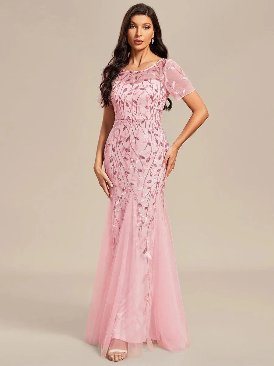 Ivy | Floral Sequin Maxi Fishtail Tulle Formal Evening Dress with Short Sleeve