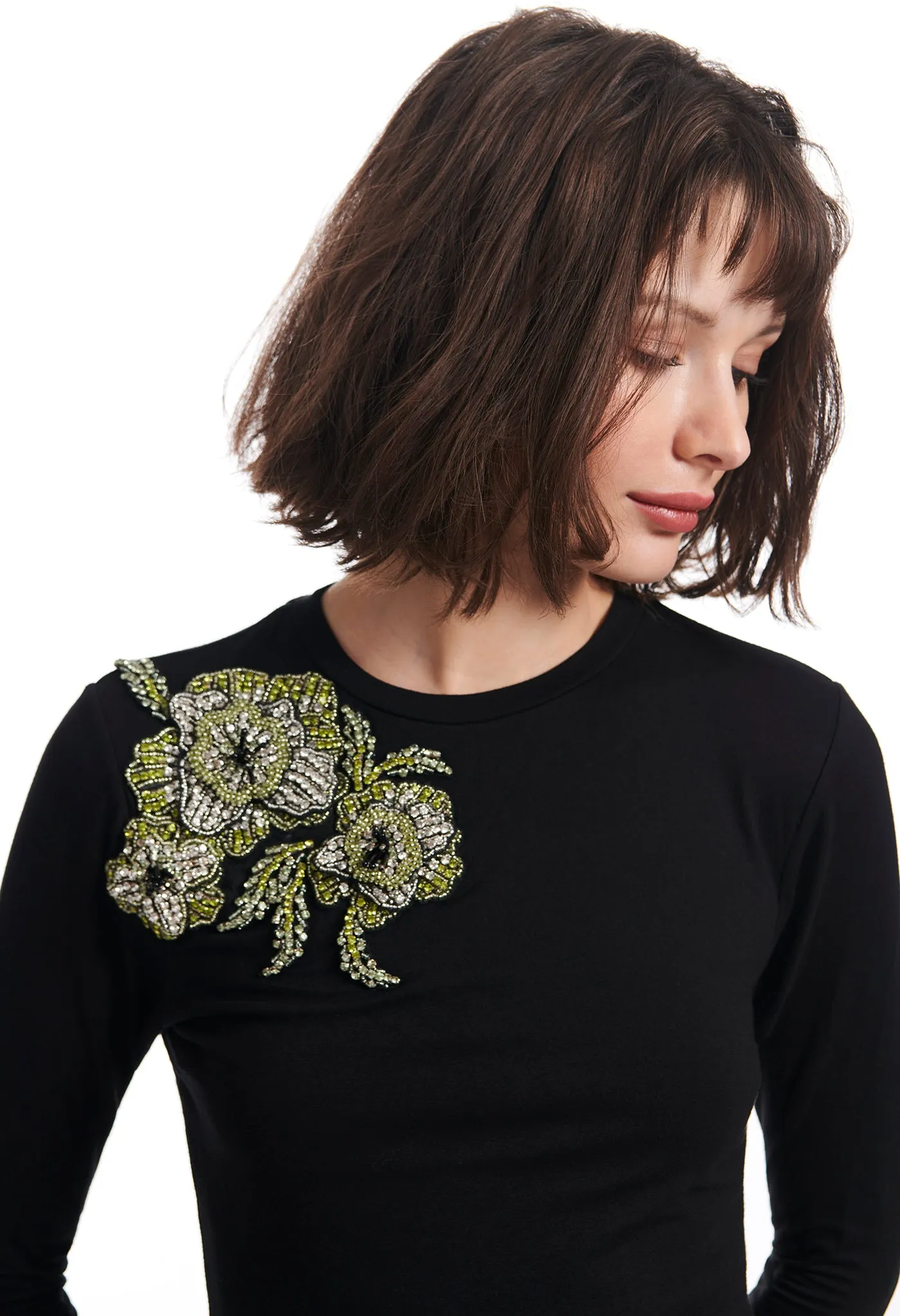 JERSEY TEE WITH CRYSTAL FLOWERS