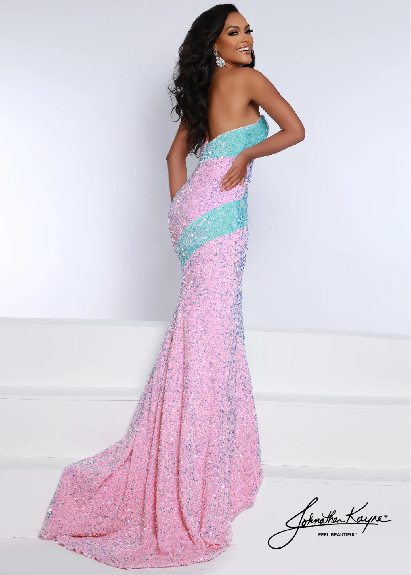 Johnathan Kayne 2659 Size 2 Cotton Candy Aqua One Shoulder Velvet Sequin Mermaid Prom Dress Pageant Gown