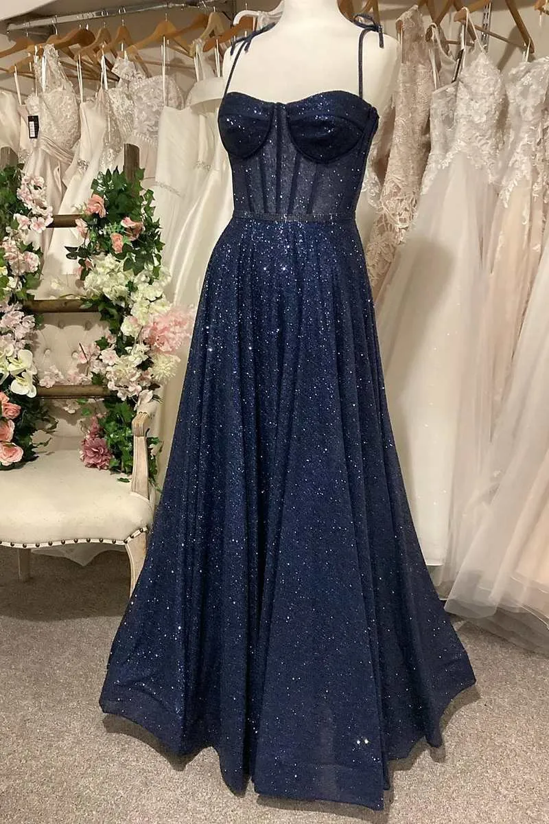 kamahe Sparkly Navy Blue Sequin Prom Dresses, Shiny Long Lace Prom Dress