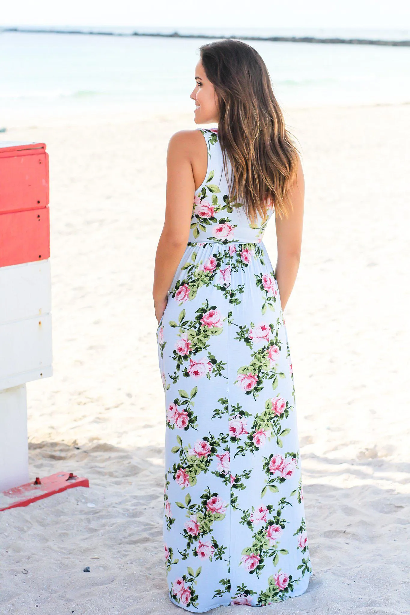 Light Blue and Mauve Floral Maxi Dress