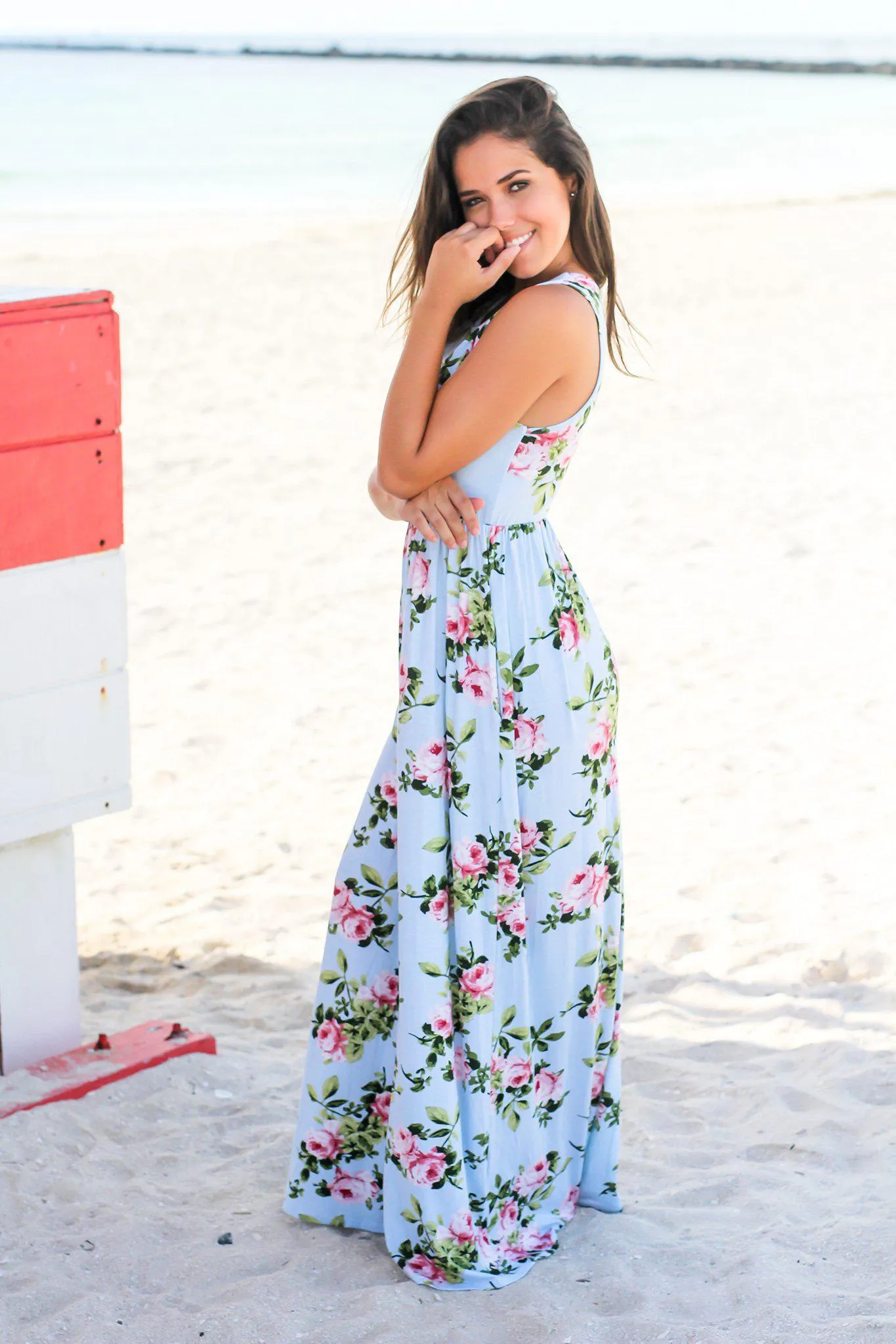 Light Blue and Mauve Floral Maxi Dress