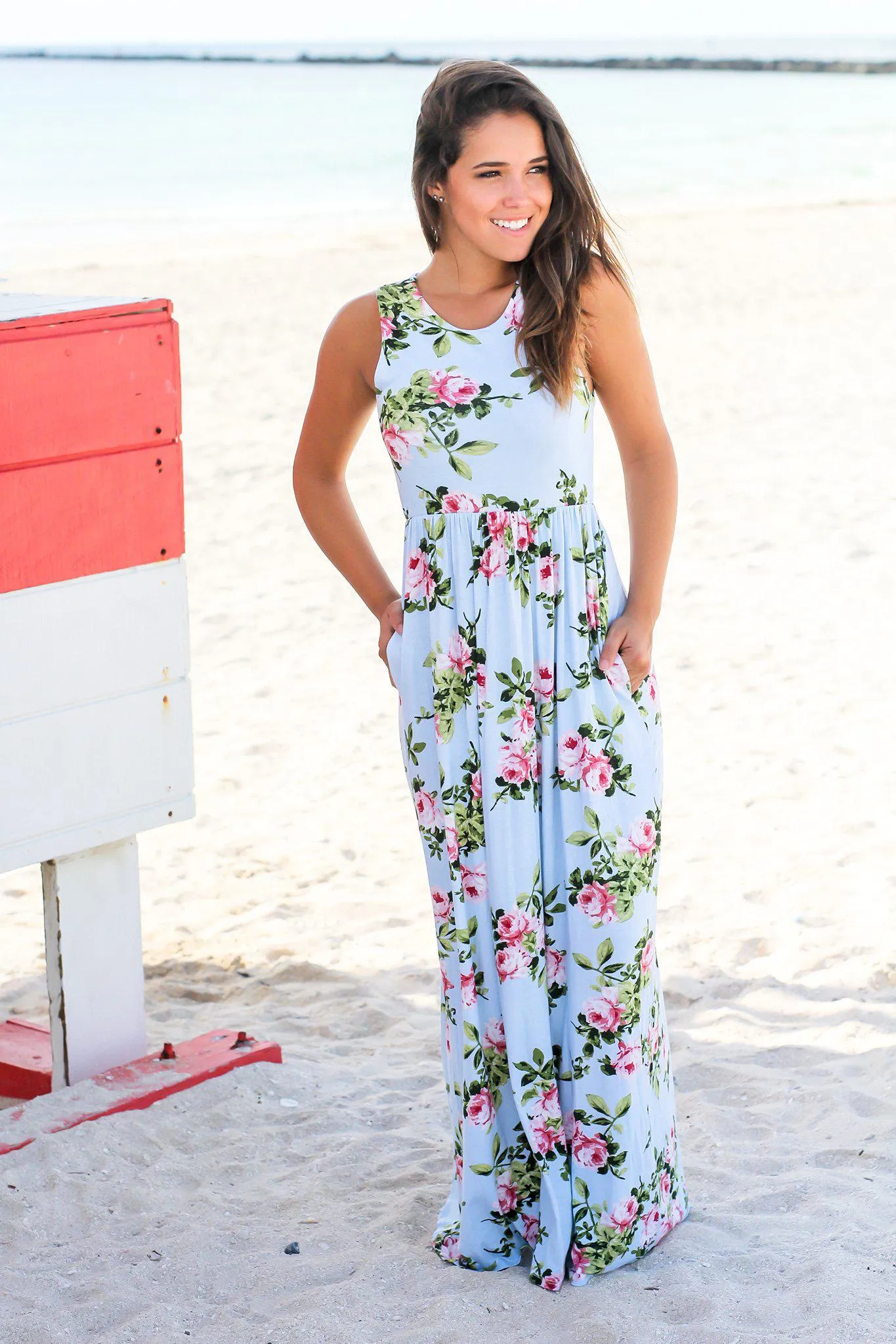 Light Blue and Mauve Floral Maxi Dress