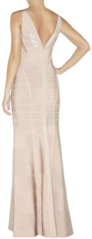 Long Sequin Embellished Sleeveless V-Neck Bandage Gown-Nude