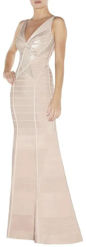 Long Sequin Embellished Sleeveless V-Neck Bandage Gown-Nude