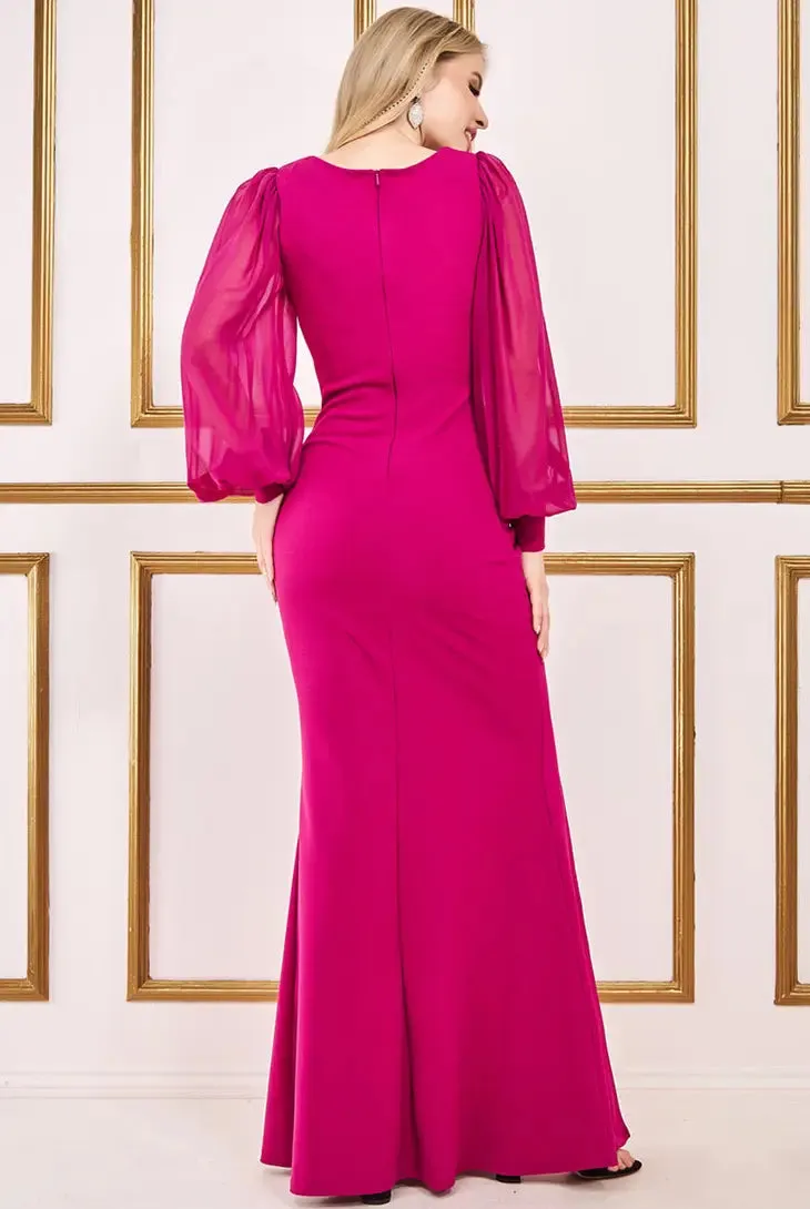 Magenta Chiffon Sleeve Thigh Split Maxi Dress