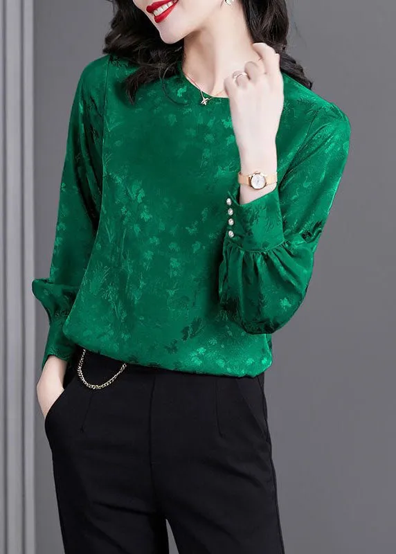 Natural Green O Neck Patchwork Jacquard Silk Shirt Tops Spring LY1425