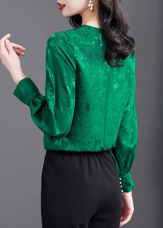 Natural Green O Neck Patchwork Jacquard Silk Shirt Tops Spring LY1425