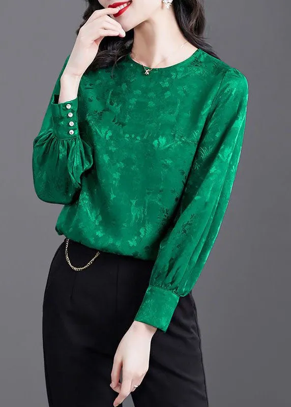 Natural Green O Neck Patchwork Jacquard Silk Shirt Tops Spring LY1425