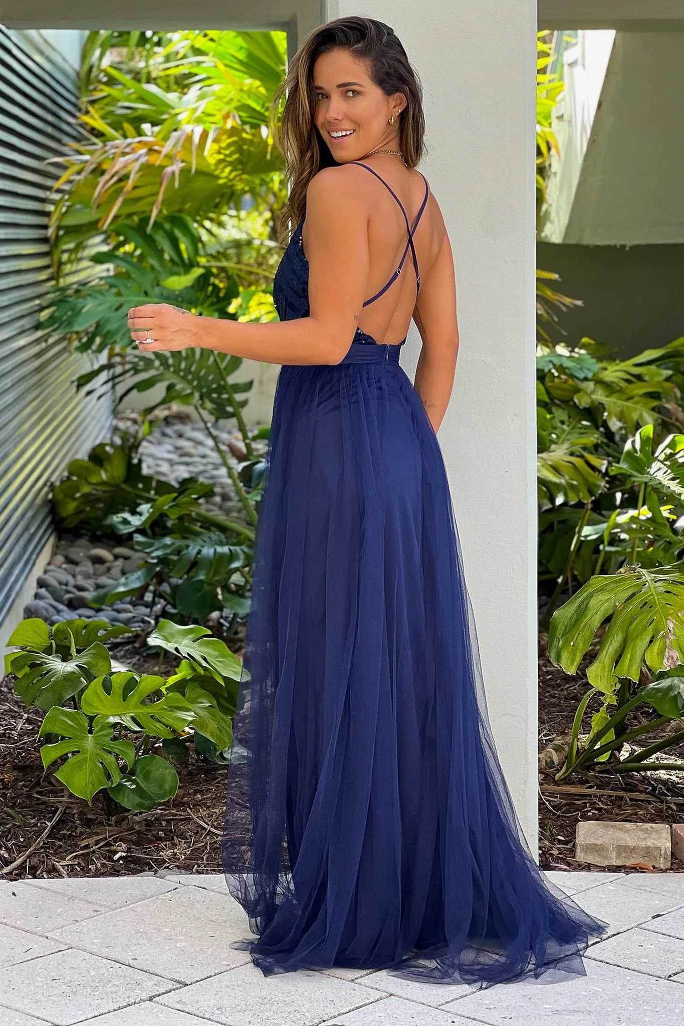 Navy Tulle Maxi Dress with Sequin Top