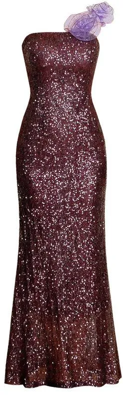 One-Strap Floral Appliques Sequin-Embellished Gown