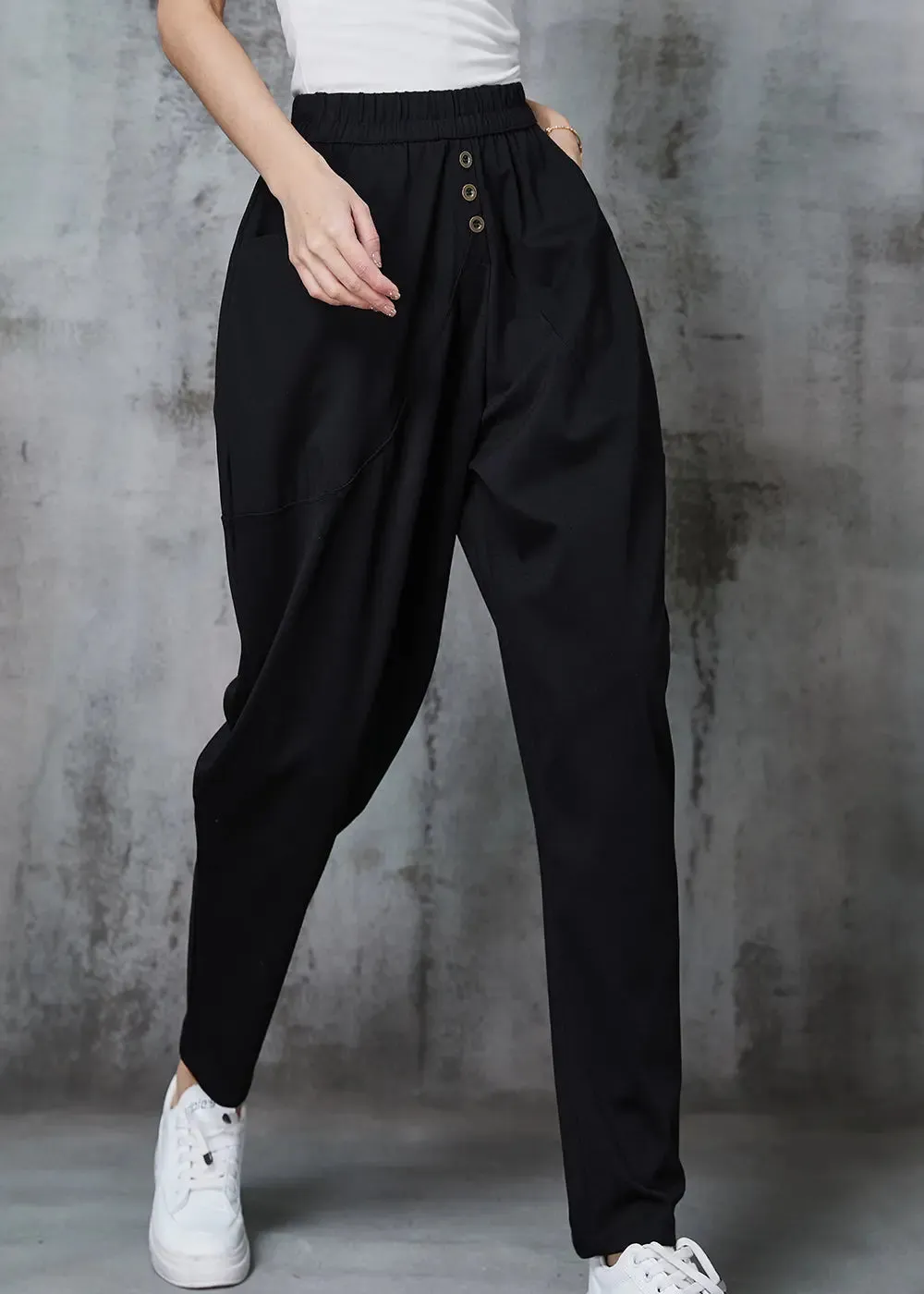 Plus Size Black Elastic Waist Cotton Harem Pants Spring JK1013