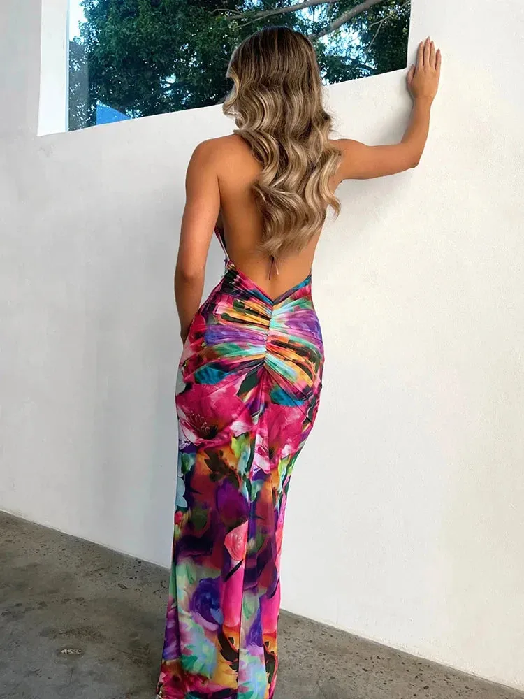 Print Nightclub Party Backless Long Slim Bodycon Perspective Maxi Dress