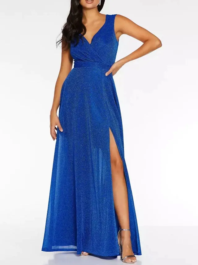 Prom Dresses Glittering Dress Holiday Floor Length Sleeveless V Neck Polyester with Sequin Slit