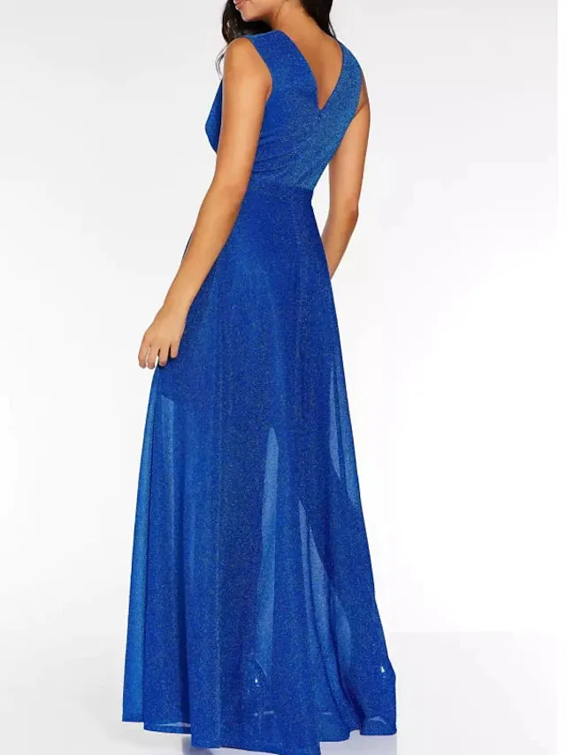 Prom Dresses Glittering Dress Holiday Floor Length Sleeveless V Neck Polyester with Sequin Slit